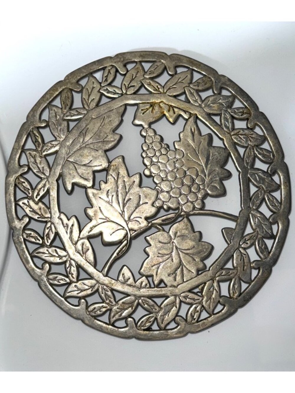Antique Brass Trivet With Grapevine Design Decorative Metal Hot Plate Vintage